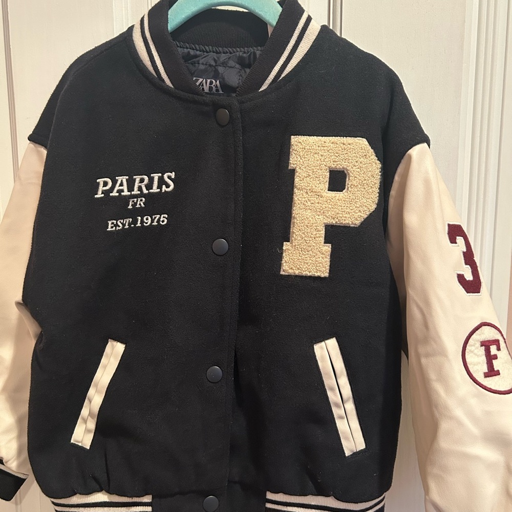 Zara Kids Black and Cream Letterman Jacket